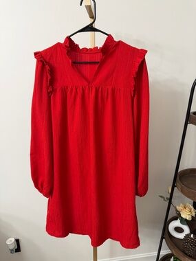 SHEIN Red Ruffle-Trim Long Sleeve Mini Dress